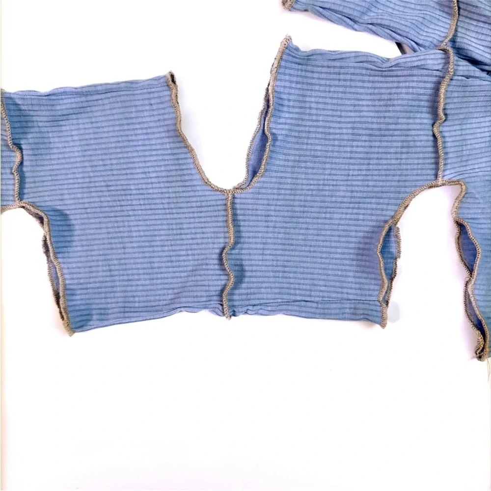 "Arctic Tease" Blue and Tan Patchwork Ribbed Knit Two Piece Matching Pants Set - Picture 3 of 5